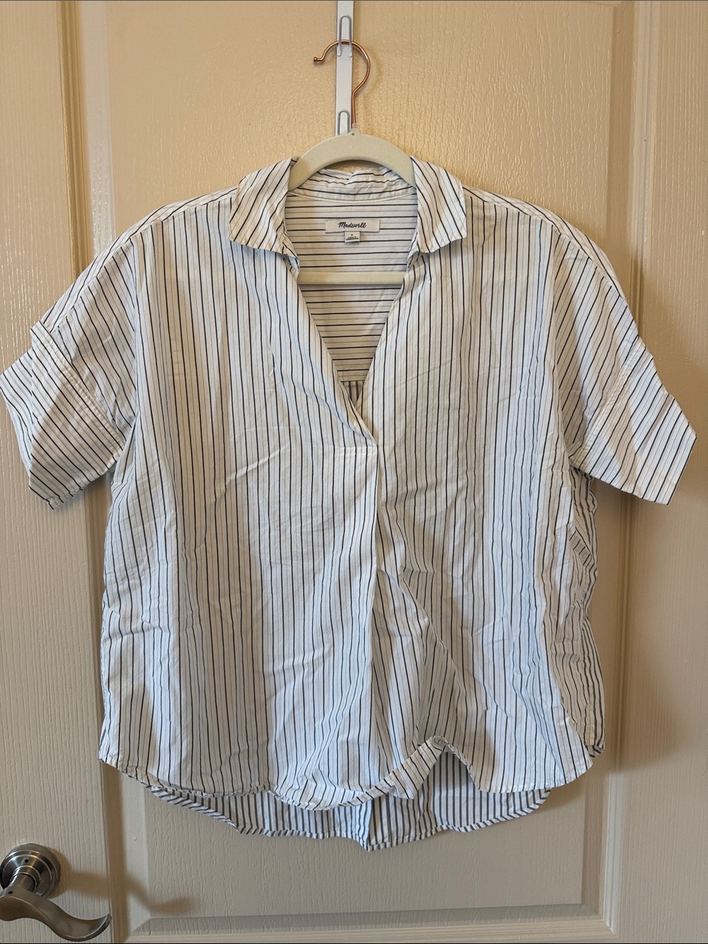 Madewell White Shirt with Navy Pinstripes Short Sleeve